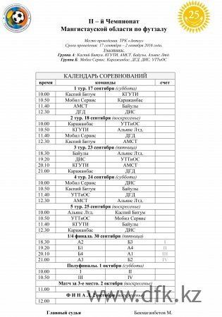 Календарь Чемпионата Мангистауской области по футзалу 2016